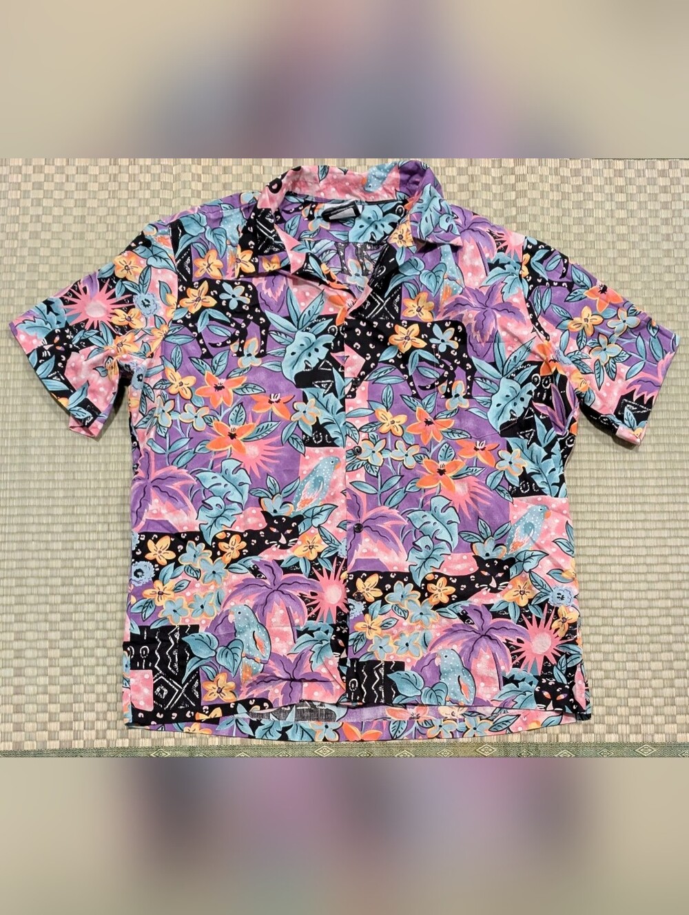 Vintage Hilo Hattie Floral Parrot Print 100% Cotton Hawaiian Shirt Men's Size XL